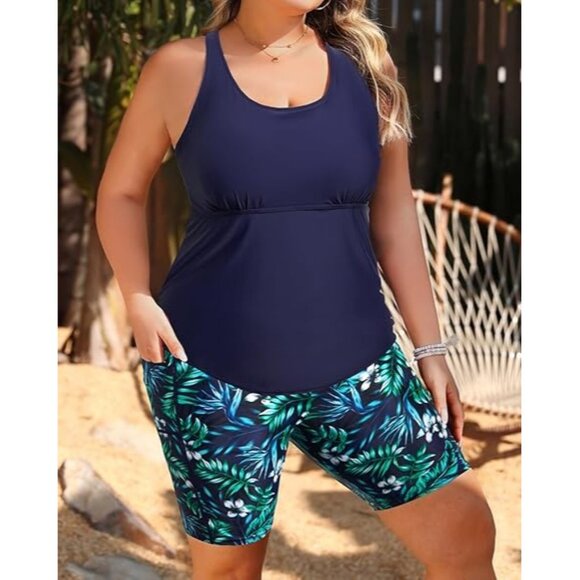 Aqua Eve Plus Size 24W Two-Piece Swimsuit High-Waisted Long Boy Shorts Pockets - Picture 3 of 11